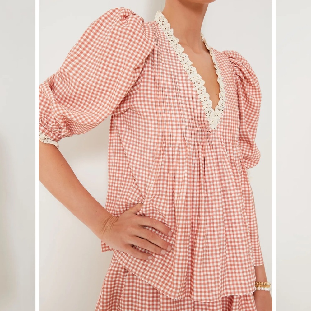 HUNTER BELL terracotta gingham Mia puff sleeve top M - Picture 3 of 7